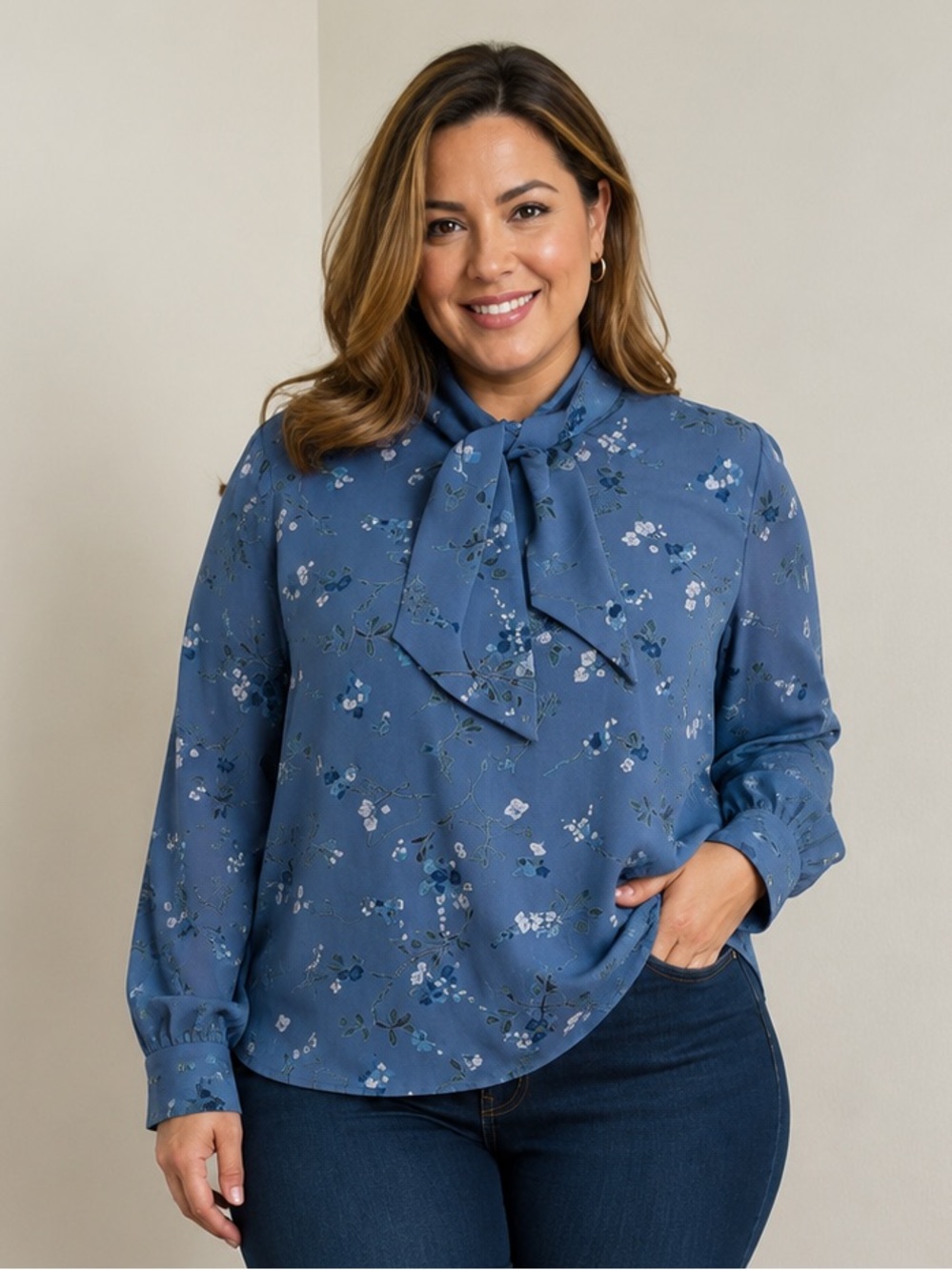 Pendleton vintage Women’s Petite Size 8 Blue Floral Tie Neck Blouse Long Sleeve